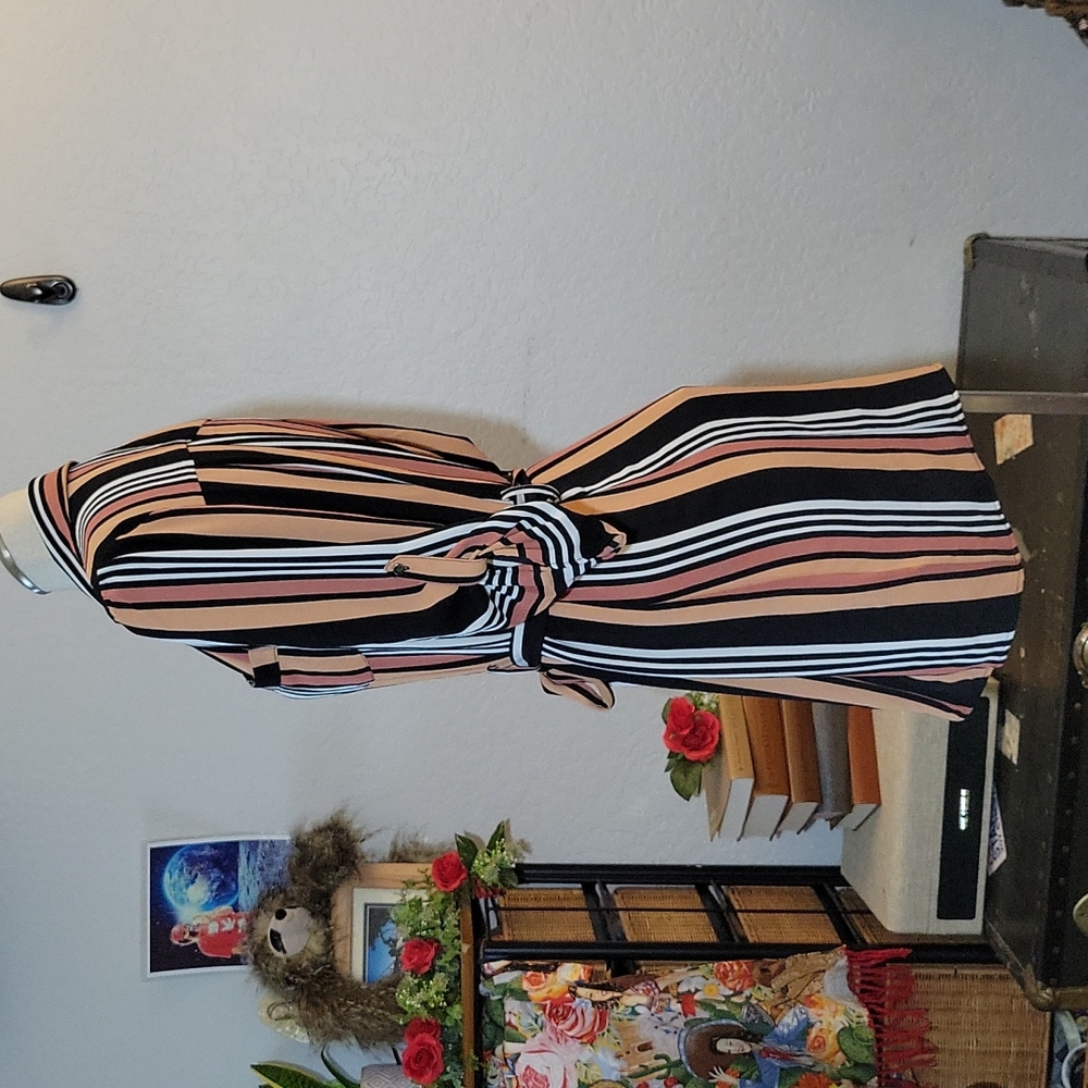 Striped Belted Shirt Dress Button Tab Roll Up Sleeves Small - Picture 4 of 11